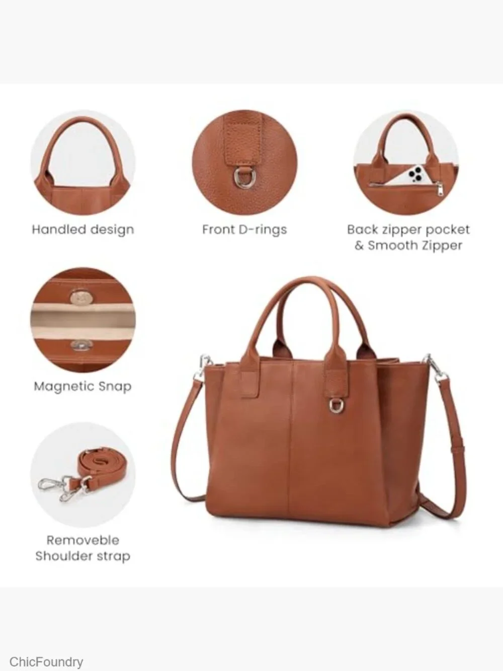 Genuine Leather Satchel Purse, Triple Pocket Medium Top-Handle Crossbody - Picture 6 of 7